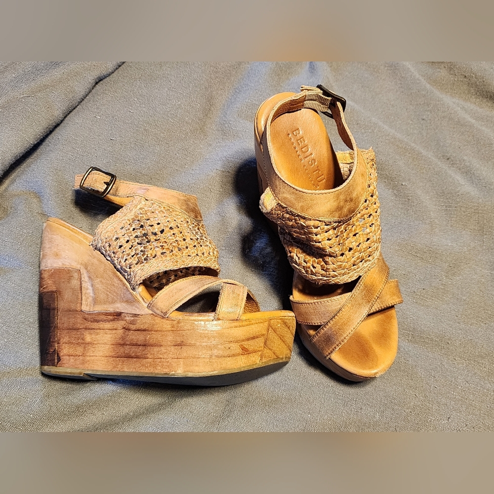 Bed Stu Tan Woven Leather Platform Wedge Sandals - Picture 2 of 6